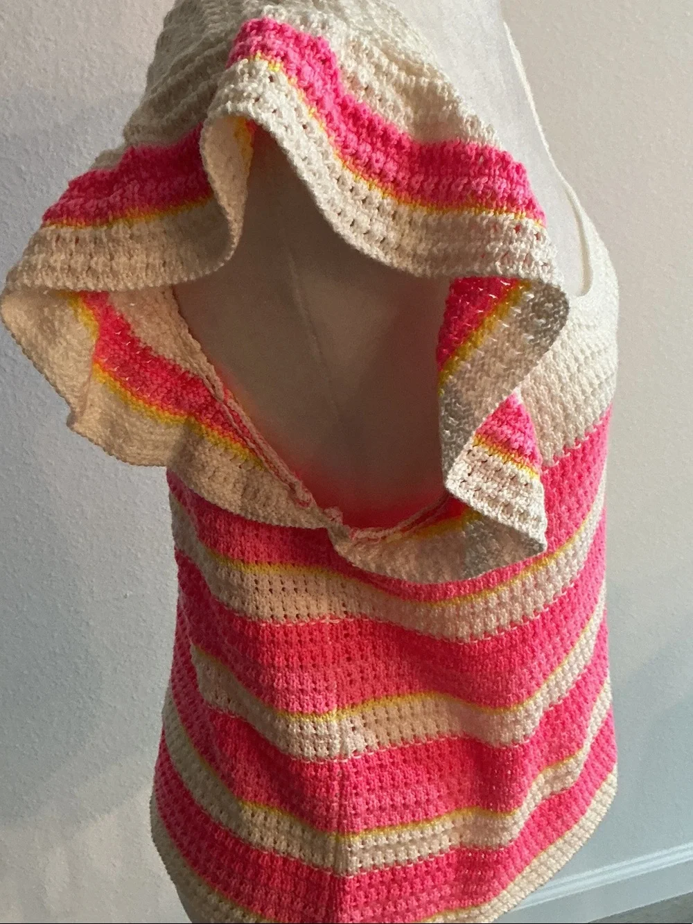 Lilly Pulitzer Cordetta Pink, Cream & Yellow Crochet Stripe Scoop Neck Top Sz M
